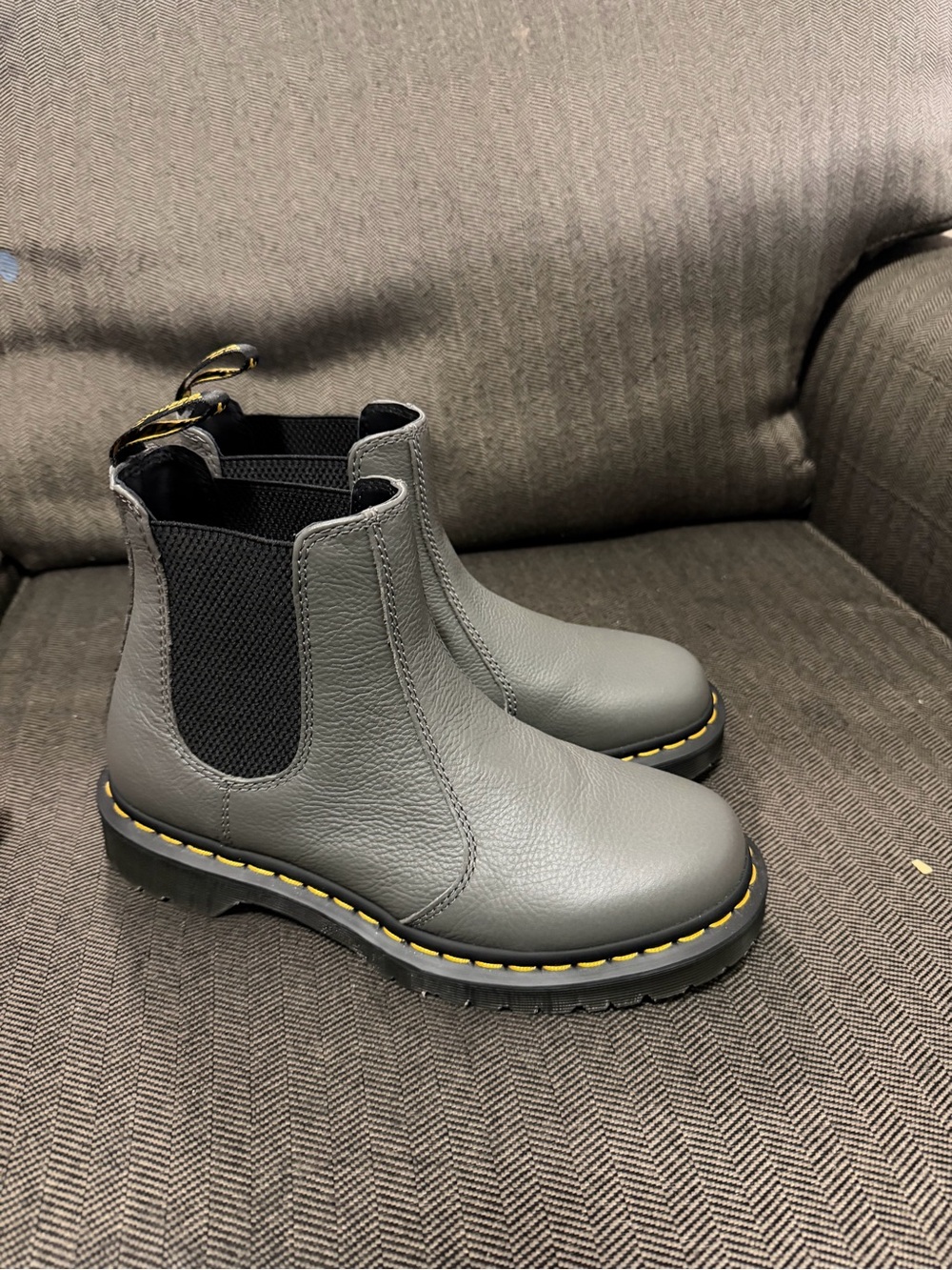 Dr. Martens Gray Leather Chelsea Ankle Boots with Yellow Stitching